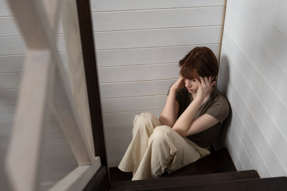 девушка с агорафобией сидит на лестнице